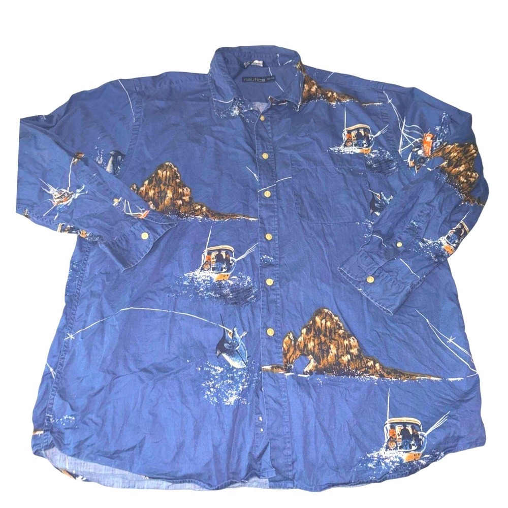 VTG Nautica Fishing Shirt Mens XL Blue Marlin Boat Fish Print Button Up Cotton